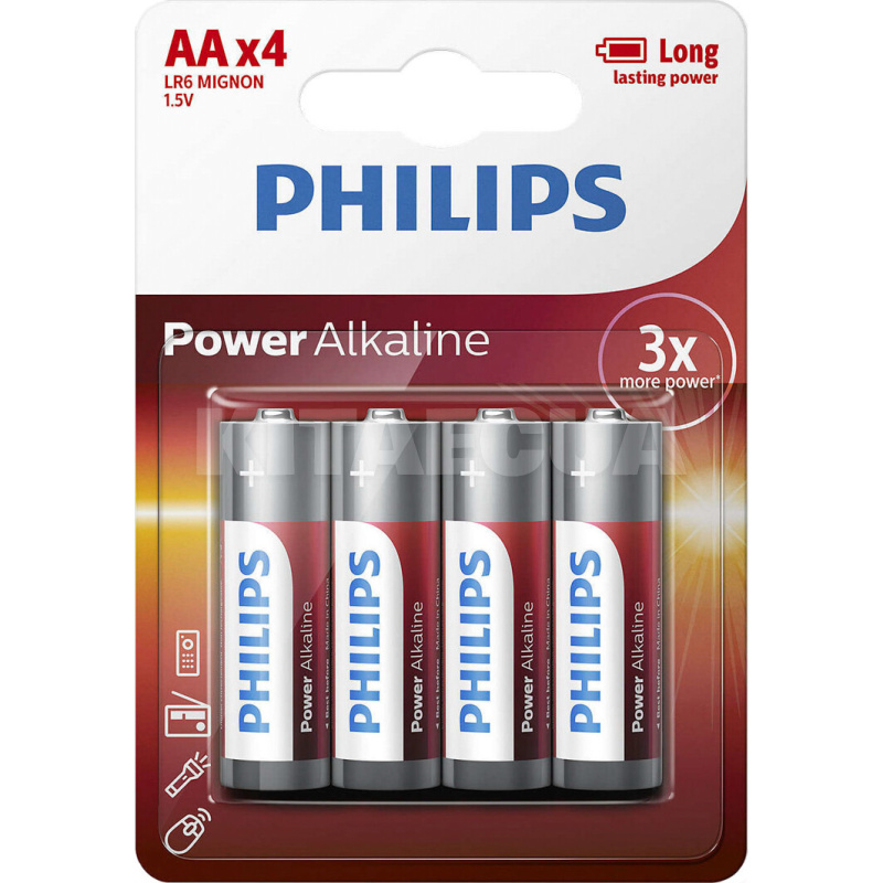 Батарейка цилиндрическая щелочная 1,5 В AA (4 шт.) Power Alkaline PHILIPS (PS LR6P4B/10)